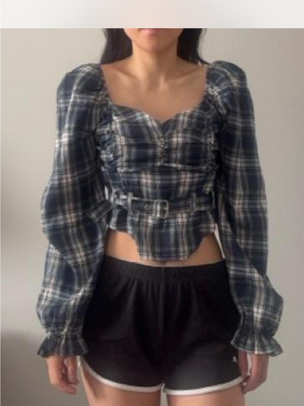 Plaid Puff-Sleeve Belted Crop Top in Black and White.